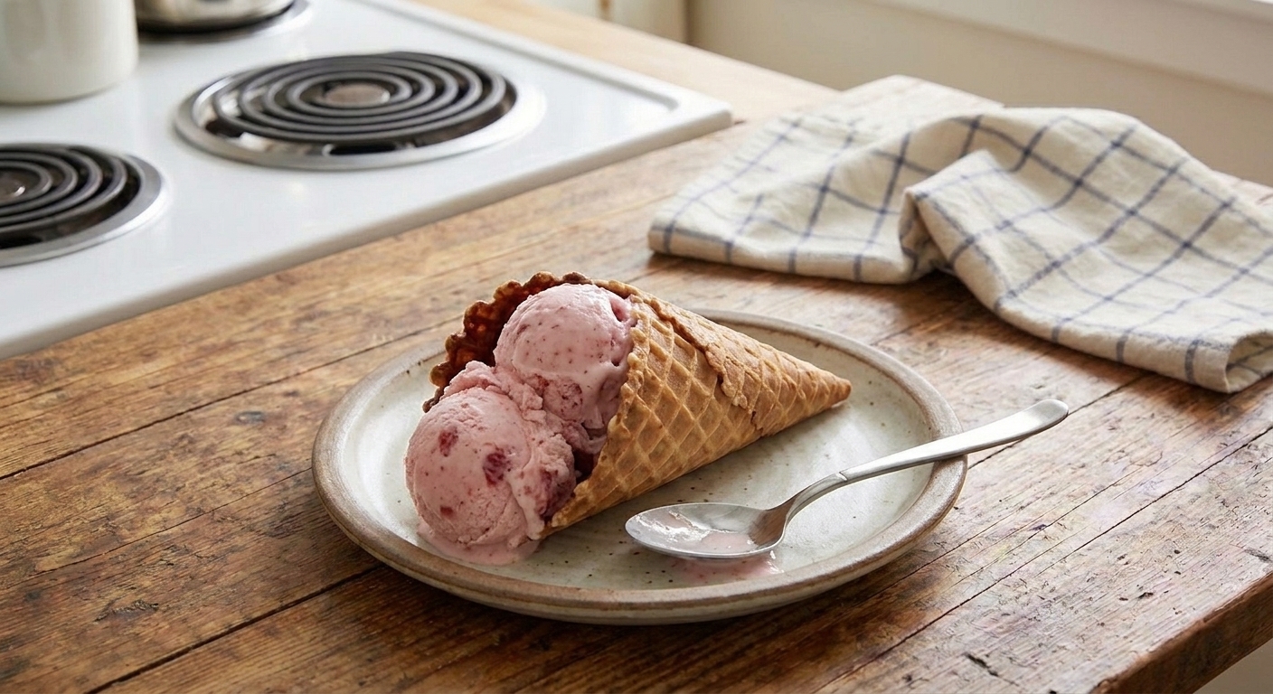 A homemade waffle cone filled with strawberry ice cream on a dessert plate with a spoon