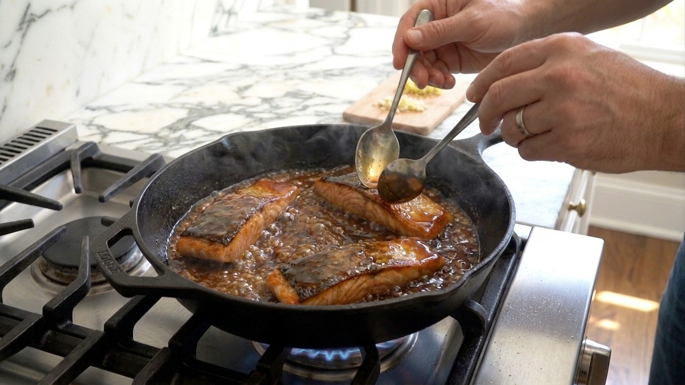 A honey soy glaze bubbling and thickening in a skillet beside salmon fillets, starting to look shiny and syrupy