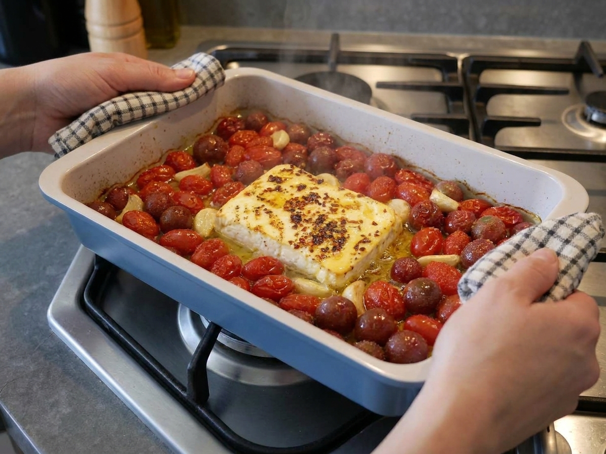 A hot baking dish of blistered cherry tomatoes and softened feta just pulled from the oven on a stovetop