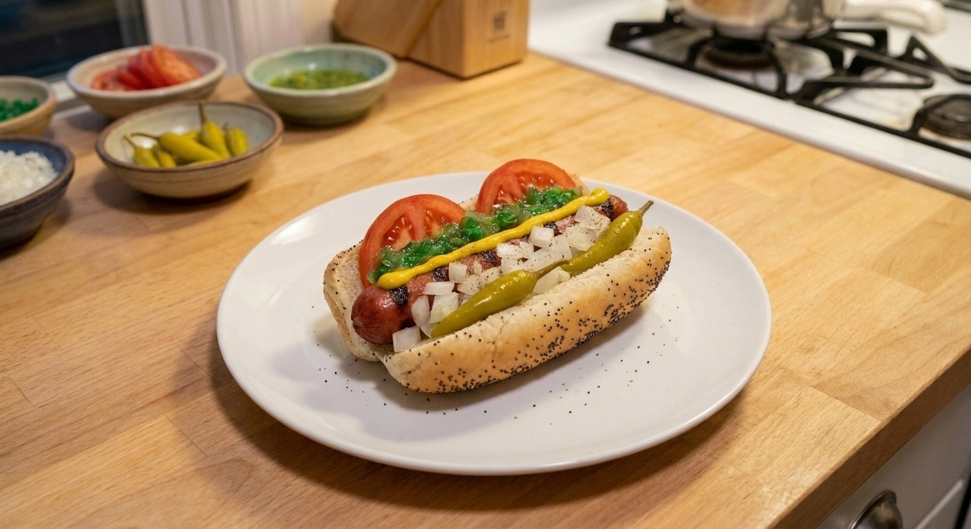 A hot dog in a poppy seed bun on a plate with a neat line of yellow mustard down the center
