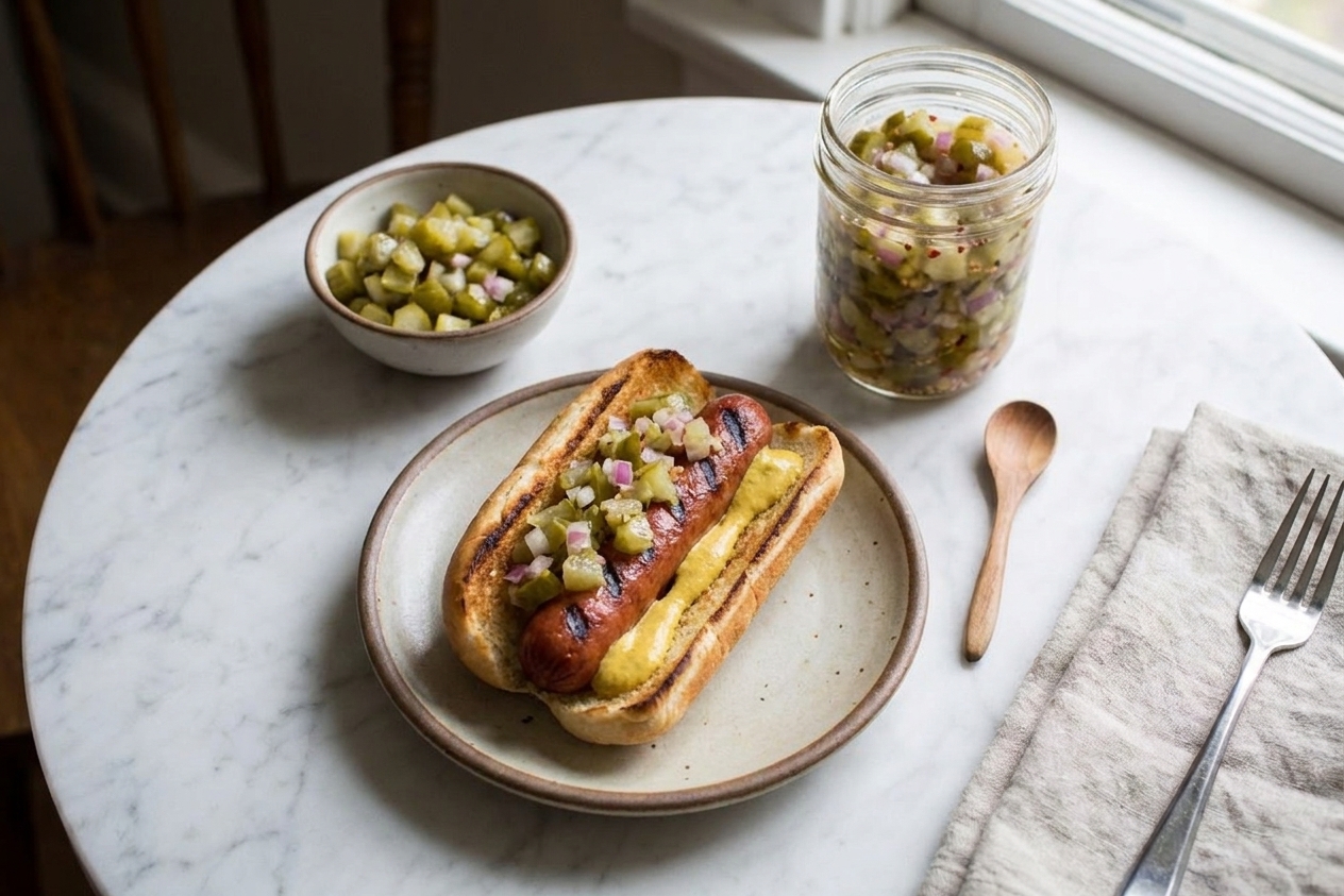 A hot dog on a plate topped with a spoonful of bright green pickle relish and mustard on a casual kitchen table setting