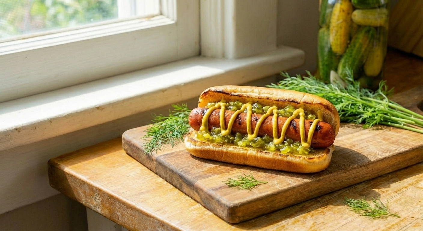 A hot dog topped with relish and mustard