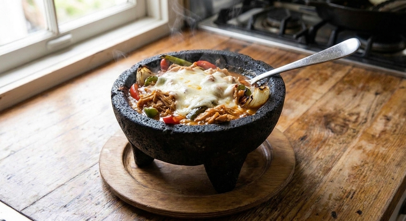 A hot lava stone molcajete bowl filled with saucy chicken, blistered peppers and onions, and melted queso, set on a wooden trivet on a kitchen table