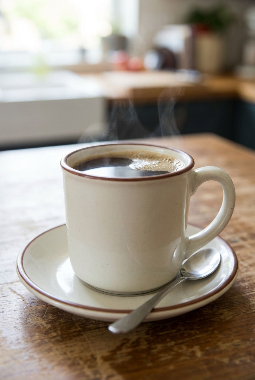 A hot mug of coffee with a light layer of foam on a saucer
