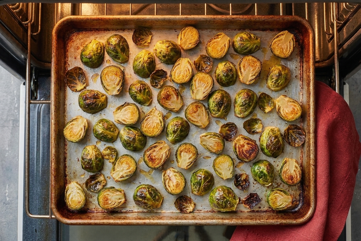 A hot sheet pan of Brussels sprouts roasting in an oven, with the sprouts starting to brown around the edges