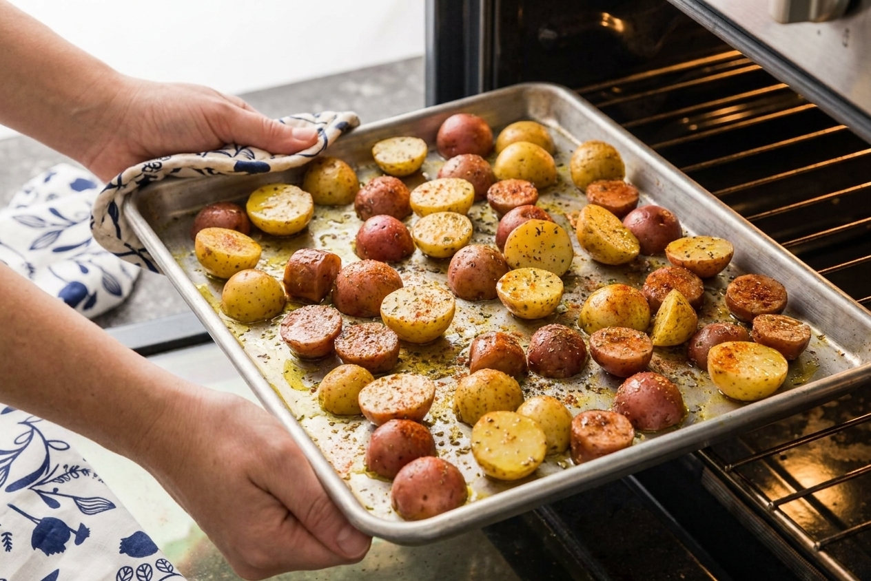 A hot sheet pan with seasoned baby potatoes spread out in a single layer, just starting to roast