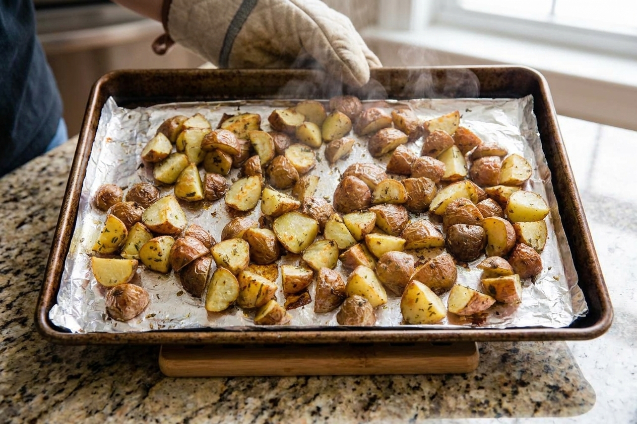 A hot sheet pan with seasoned red potato chunks spread in a single layer, ready to roast in a home oven