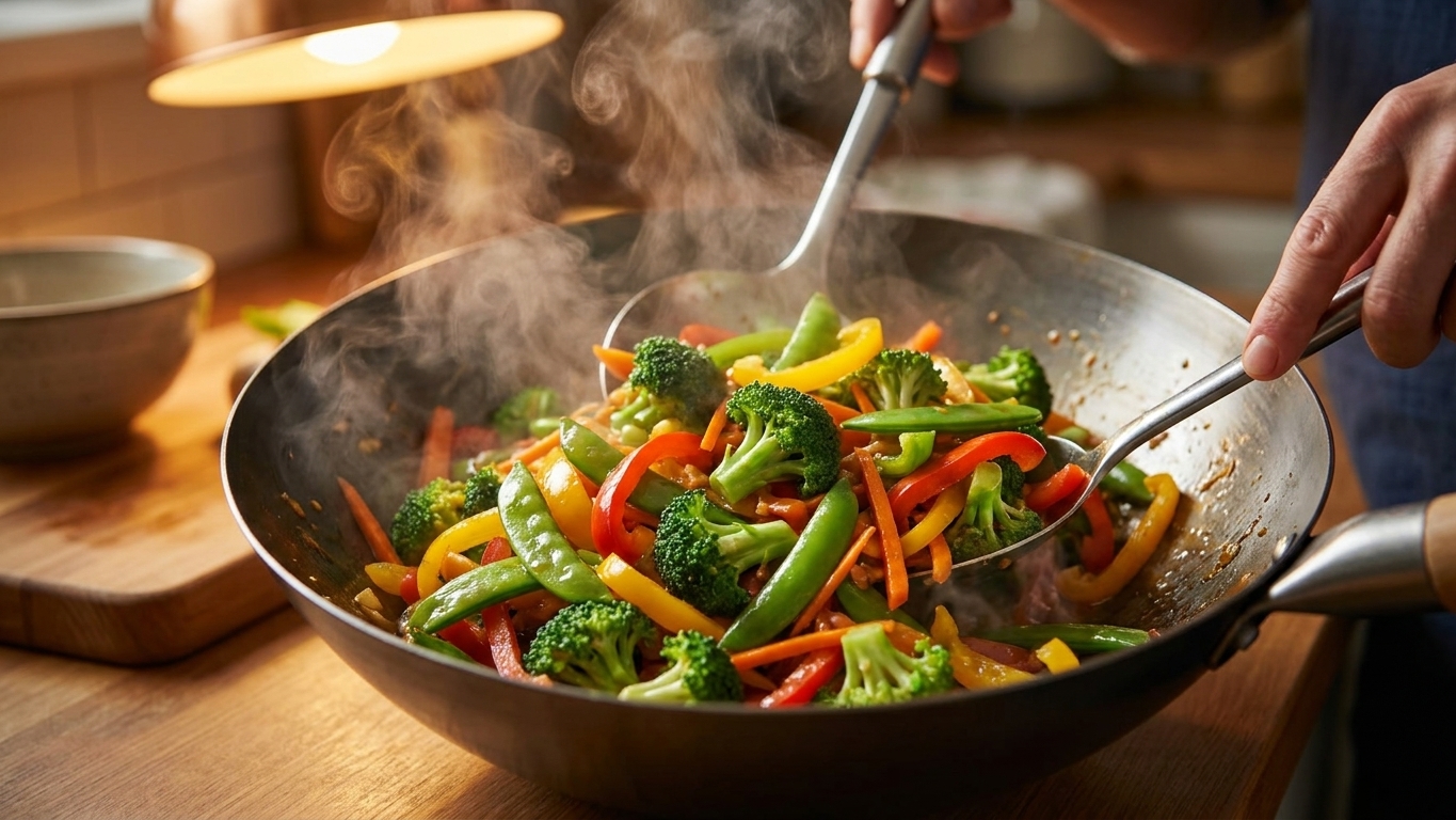 A hot wok filled with colorful stir-fried vegetables like broccoli, bell peppers, snap peas, and carrots coated in a glossy garlic-ginger sauce, steam rising under warm kitchen lighting