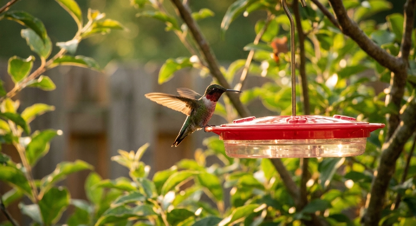 A hummingbird hovering at a backyard feeder in soft morning sunlight with green leaves in the background, real photograph