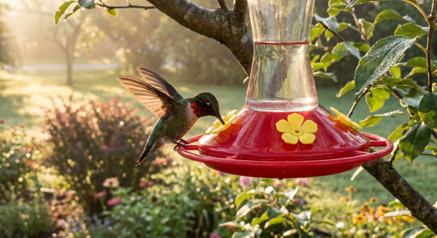 A hummingbird hovering near a red feeder outdoors in soft morning light