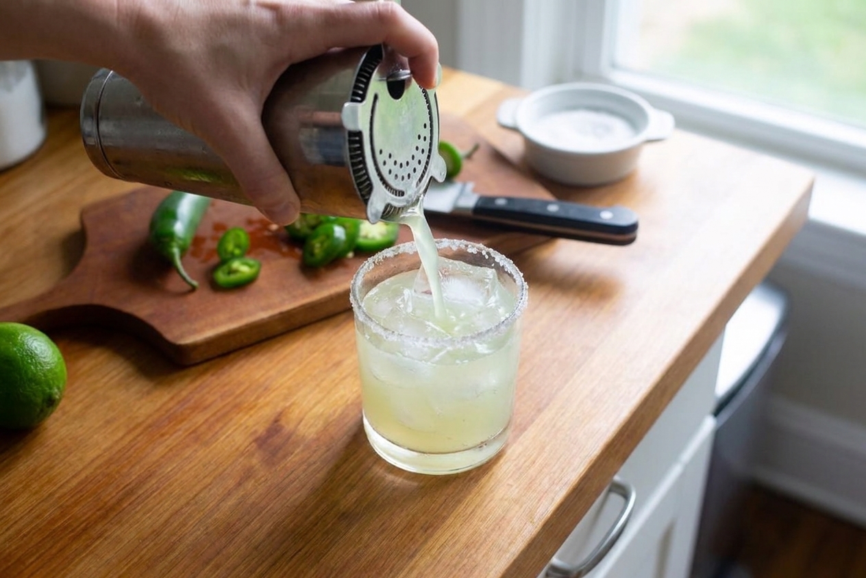A jalapeño margarita being strained from a cocktail shaker into a salted rocks glass filled with ice on a kitchen counter