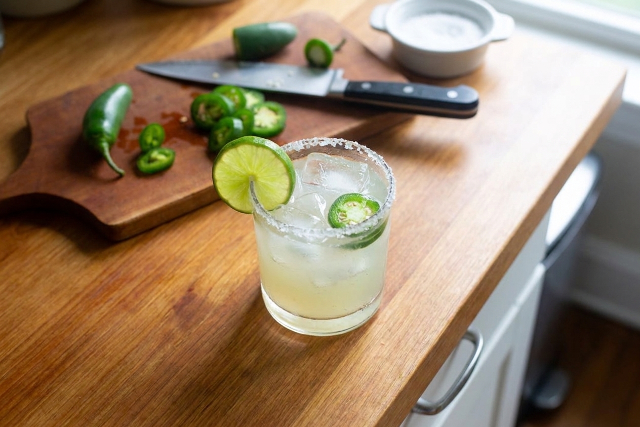 A jalapeño margarita in a rocks glass with a salted rim, clear ice, a lime wheel, and a sliced jalapeño on a warm-toned kitchen counter