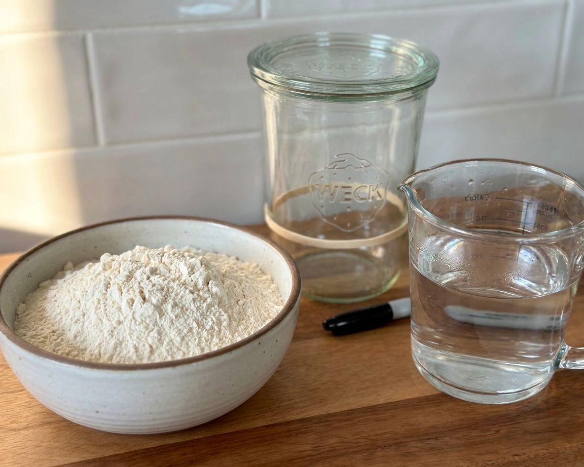 A jar, a bowl of flour, and a measuring cup of water arranged on a kitchen counter ready to start a sourdough starter