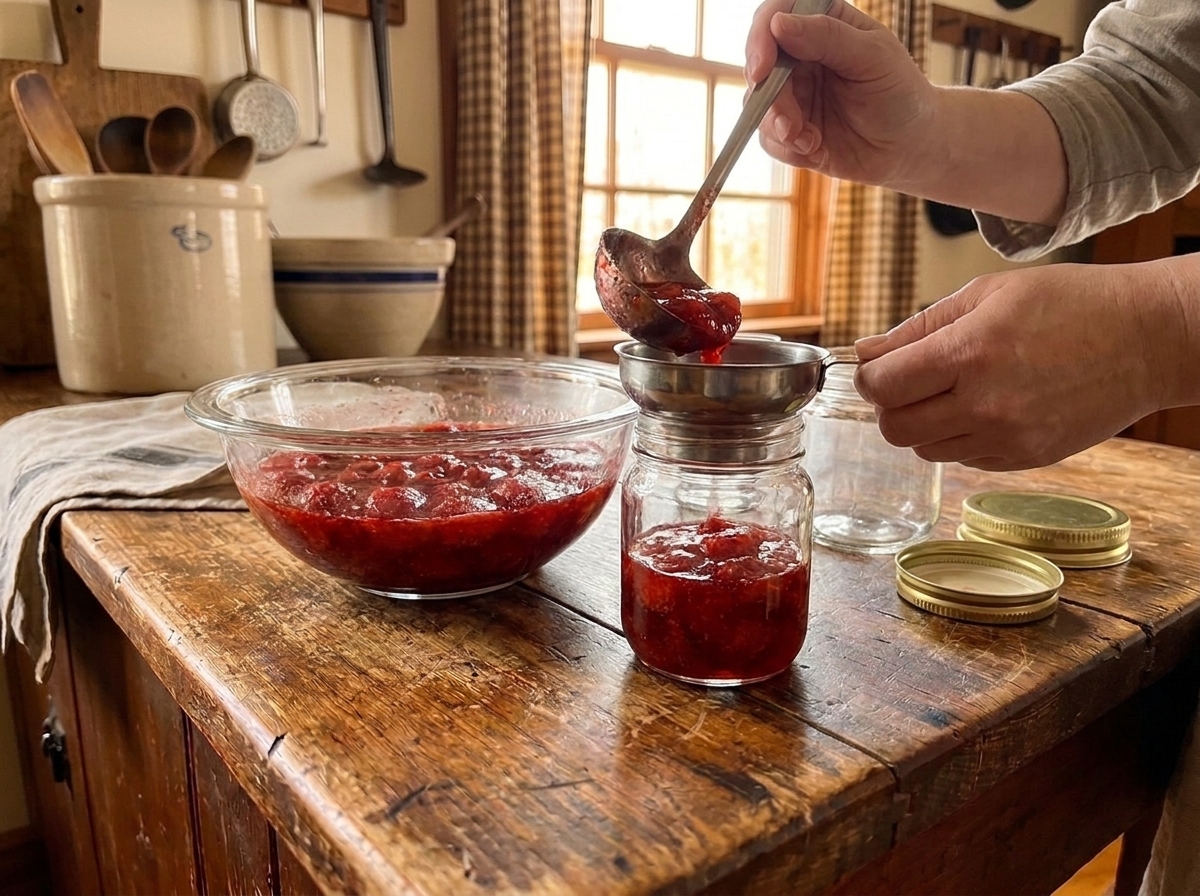 A jar being filled with bright strawberry freezer jam using a ladle and funnel on a kitchen counter
