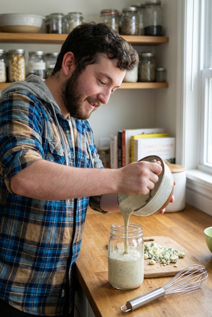 A jar being filled with homemade blue cheese dressing on a kitchen counter, with a whisk and blue cheese crumbles nearby