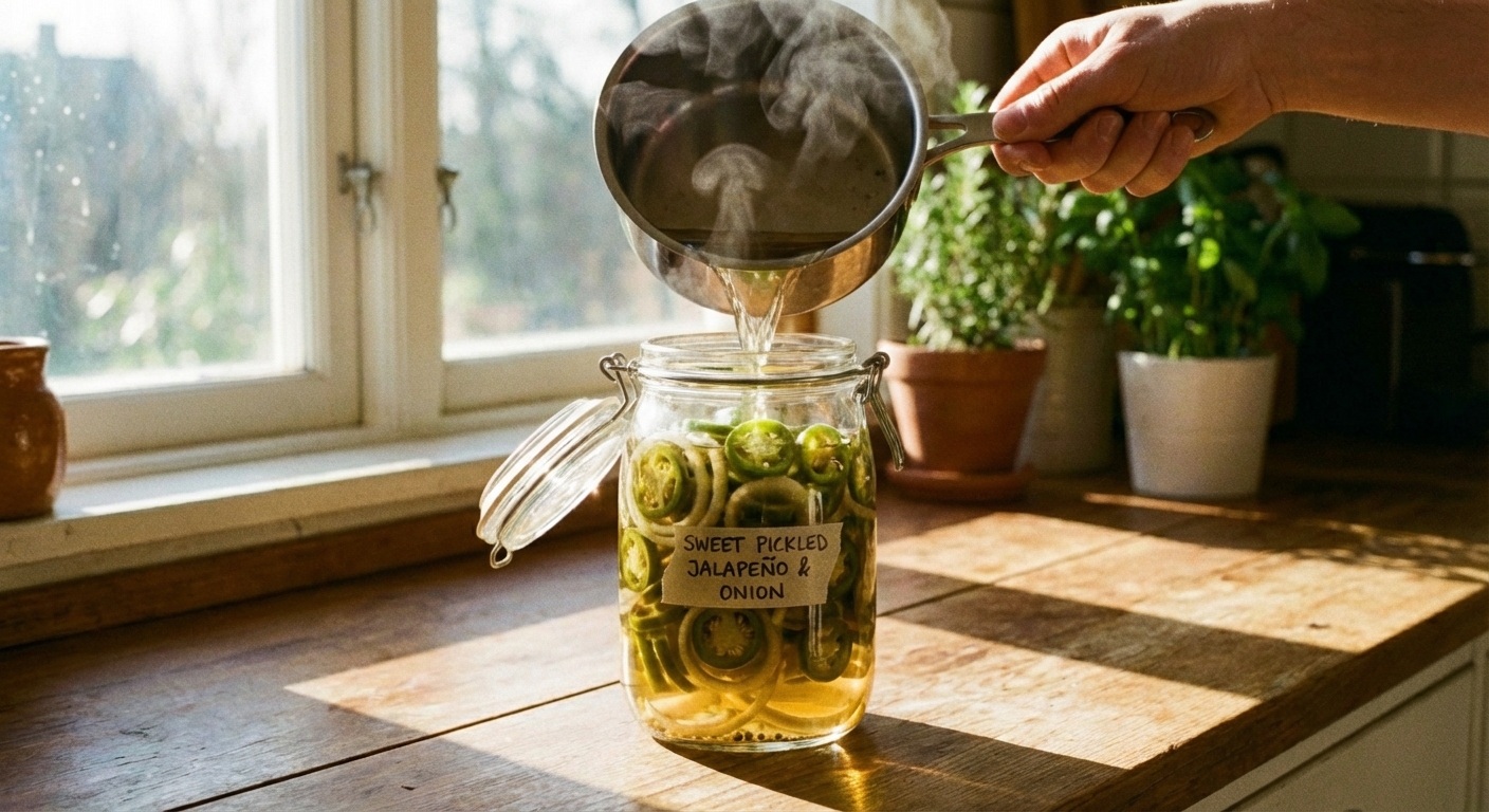 A jar being filled with warm vinegar brine over sliced jalapeños and onions