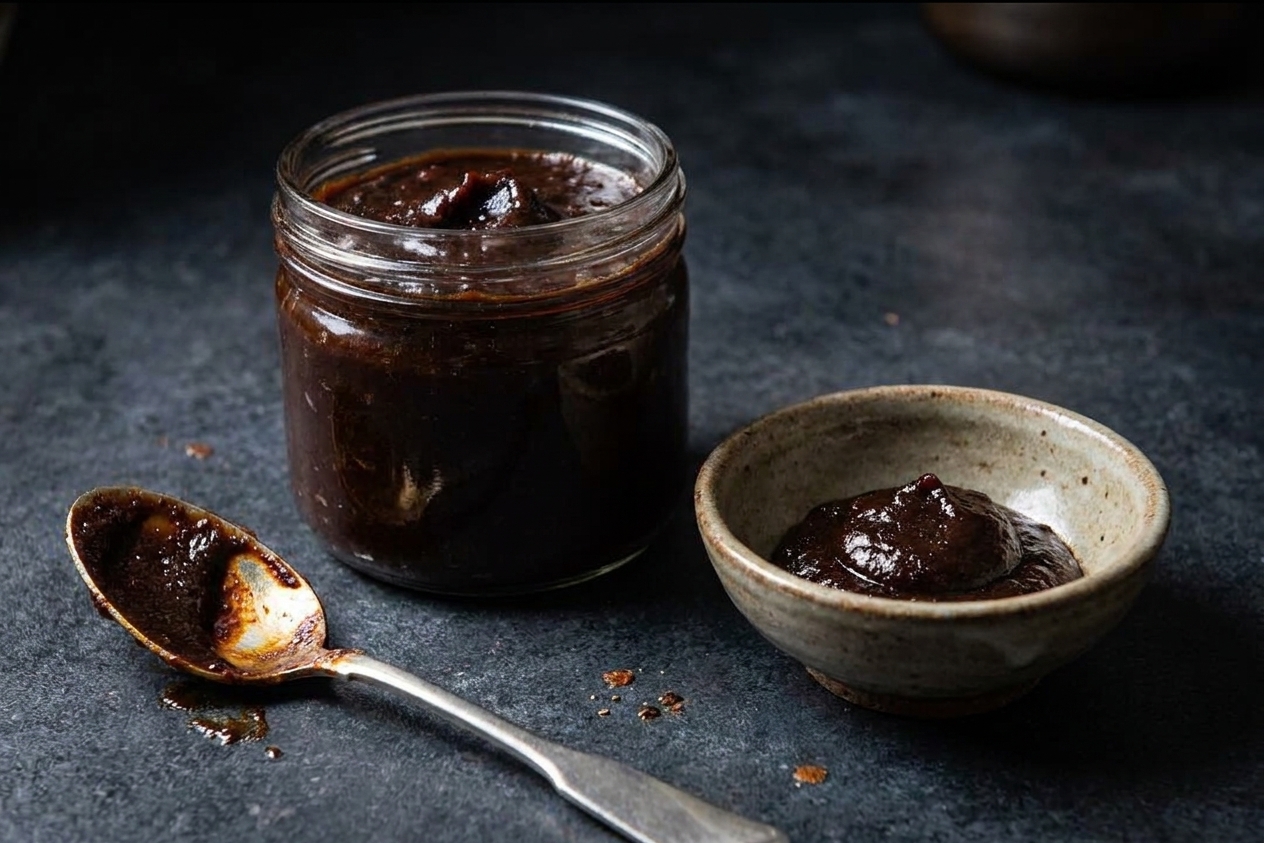 A jar of Korean chunjang black bean paste on a kitchen counter next to a spoon and a small bowl