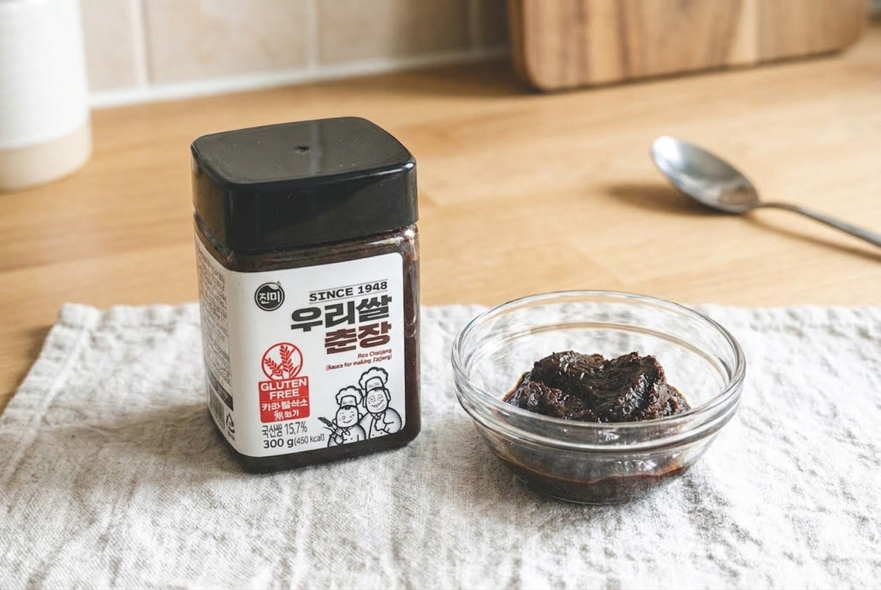 A jar of Korean chunjang black bean paste sitting on a kitchen counter next to a small bowl of the paste