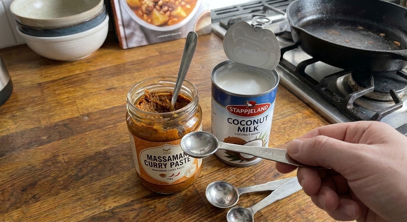 A jar of Massaman curry paste beside an opened can of coconut milk on a kitchen counter with measuring spoons