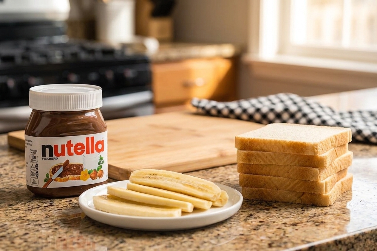 A jar of Nutella on a kitchen counter next to a small plate of banana strips and a stack of sandwich bread in warm natural window light