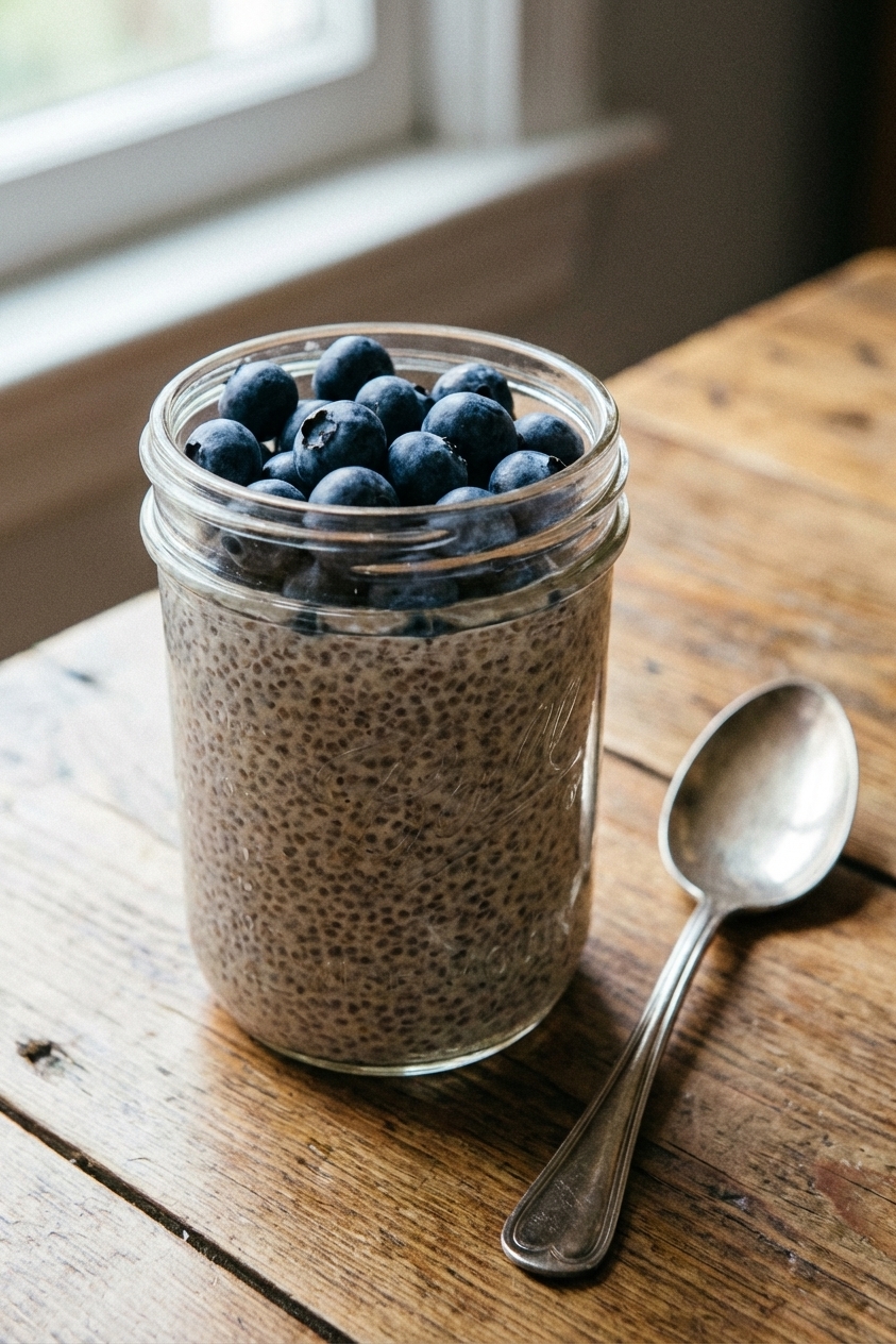 A jar of almond milk chia pudding topped with blueberries and a spoon resting beside it on a wooden surface