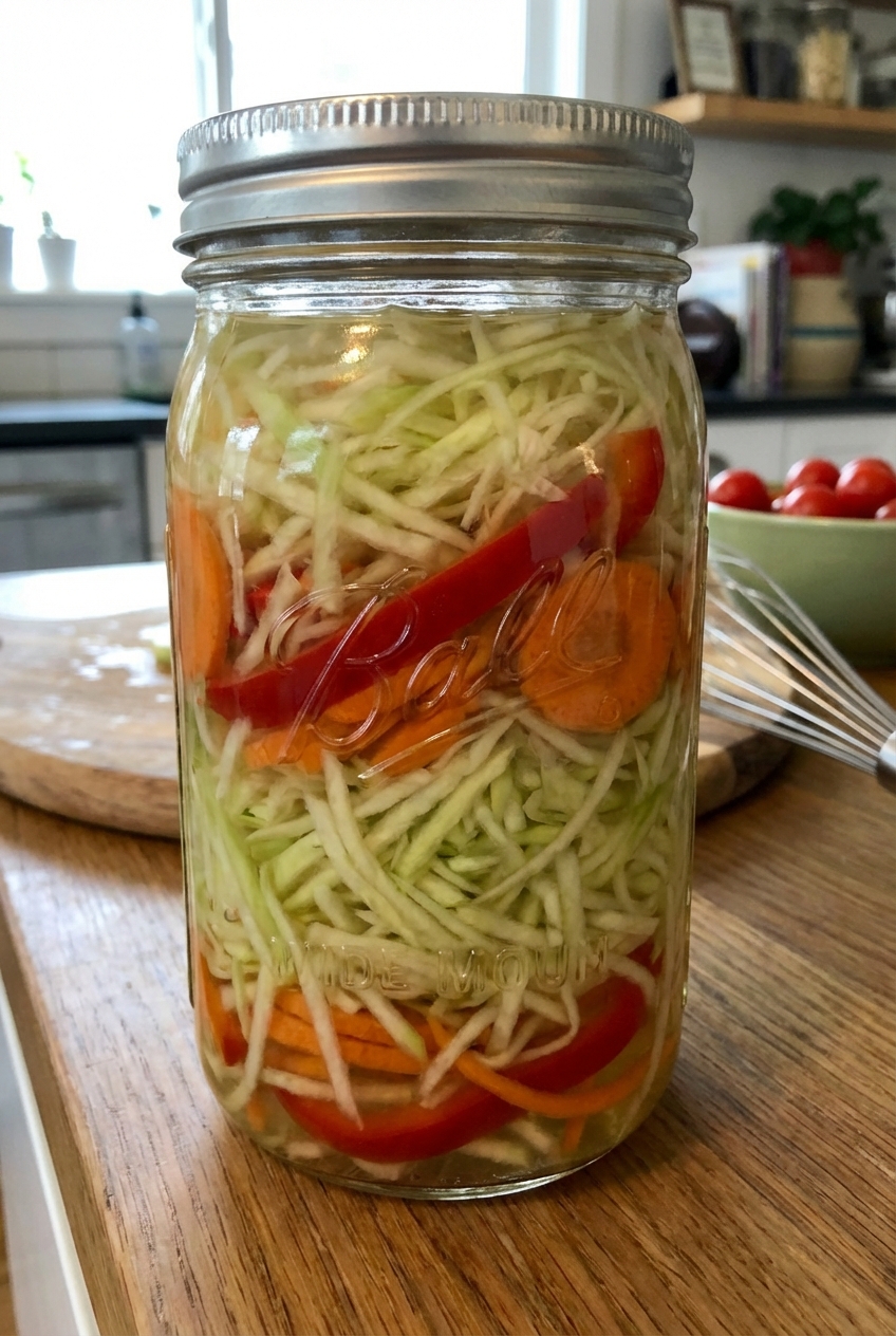 A jar of atchara pickled green papaya with carrots and red pepper