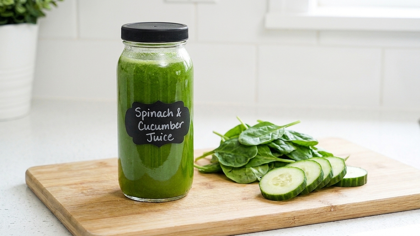 A jar of bright green juice beside a small pile of spinach leaves and sliced cucumber on a kitchen counter