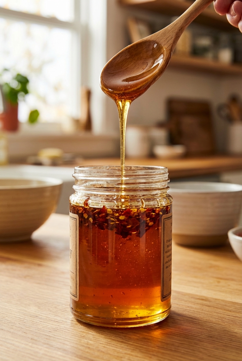 A jar of chili honey with honey drizzling from a spoon