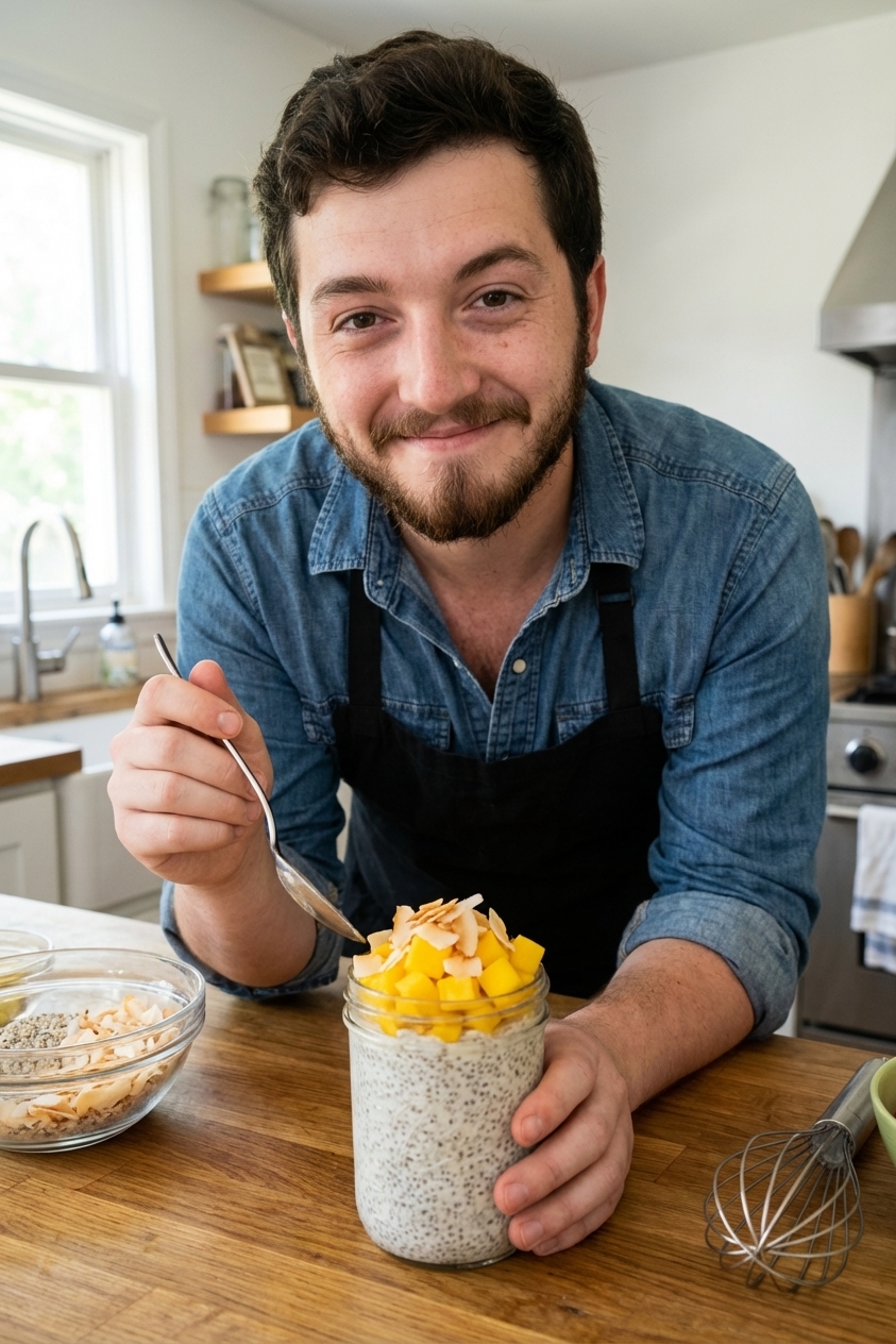 A jar of coconut milk chia pudding topped with diced mango and toasted coconut flakes on a kitchen counter