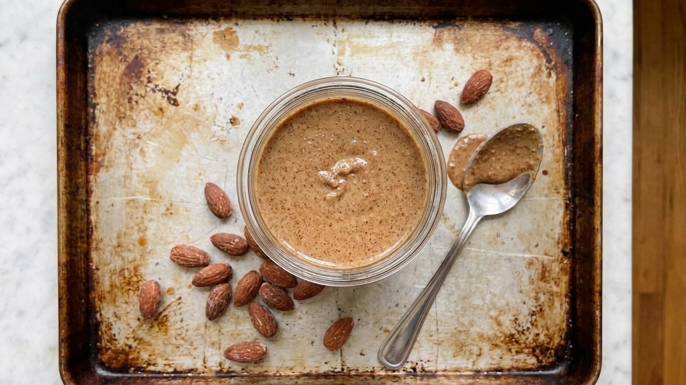 A jar of creamy homemade almond butter on a kitchen counter with a spoon resting beside it and toasted almonds nearby