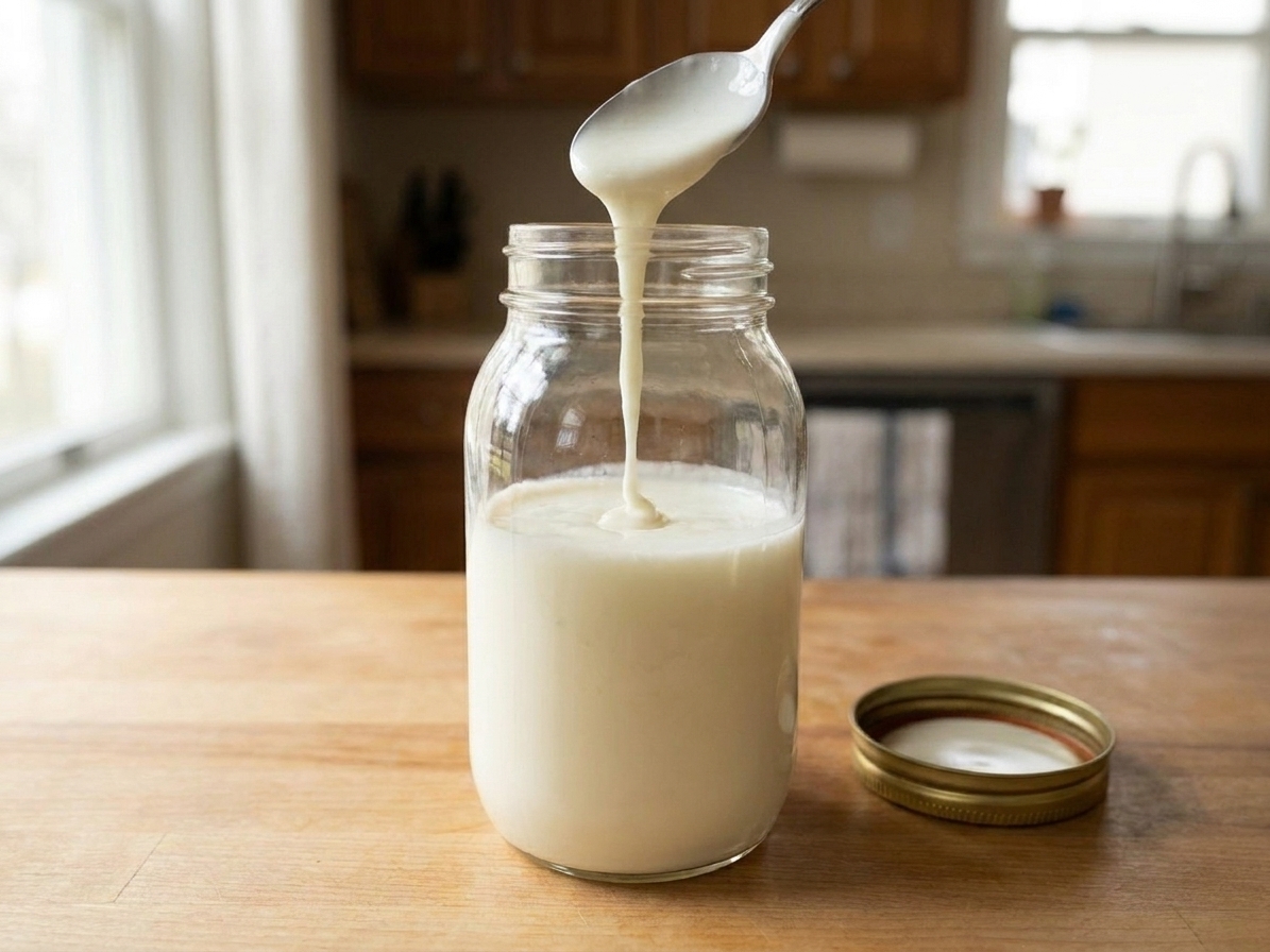 A jar of finished cultured buttermilk on a kitchen counter with a spoon showing the thick, lightly pourable texture