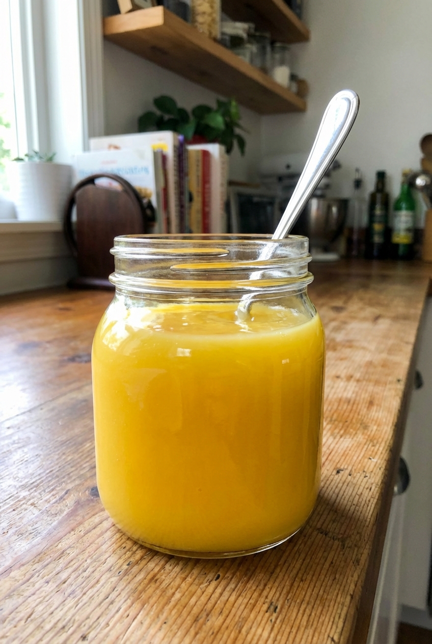 A jar of glossy lemon curd on a kitchen counter