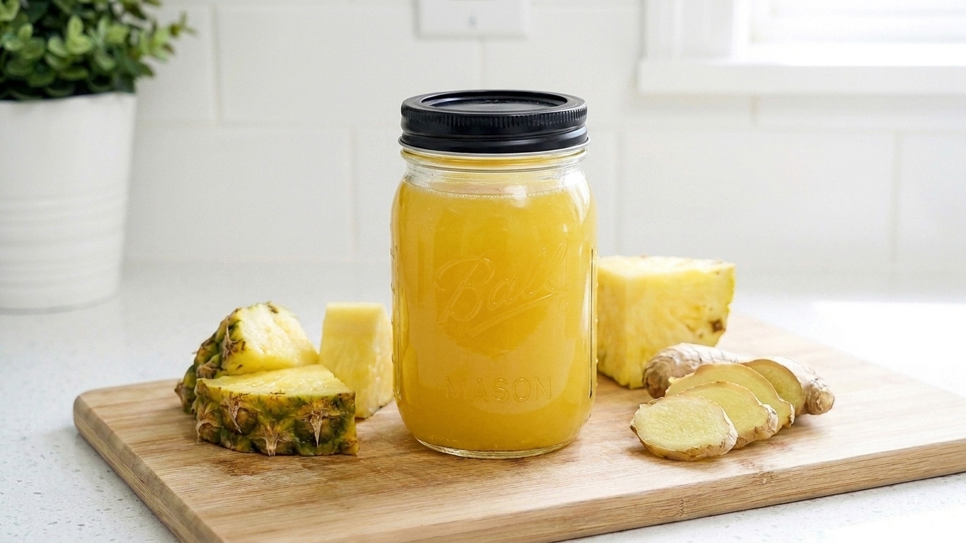 A jar of golden pineapple ginger juice with fresh pineapple chunks and sliced ginger on the counter
