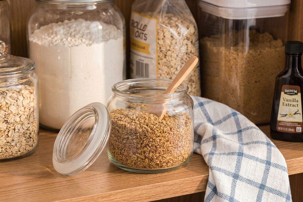 A jar of ground flaxseed with the lid off on a pantry shelf beside baking staples, soft warm kitchen lighting