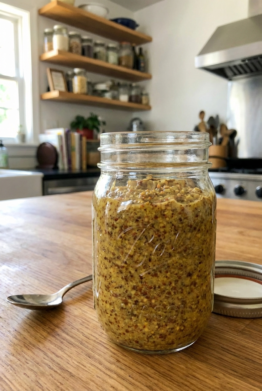 A jar of homemade grindstone mustard relish with the lid off on a kitchen counter