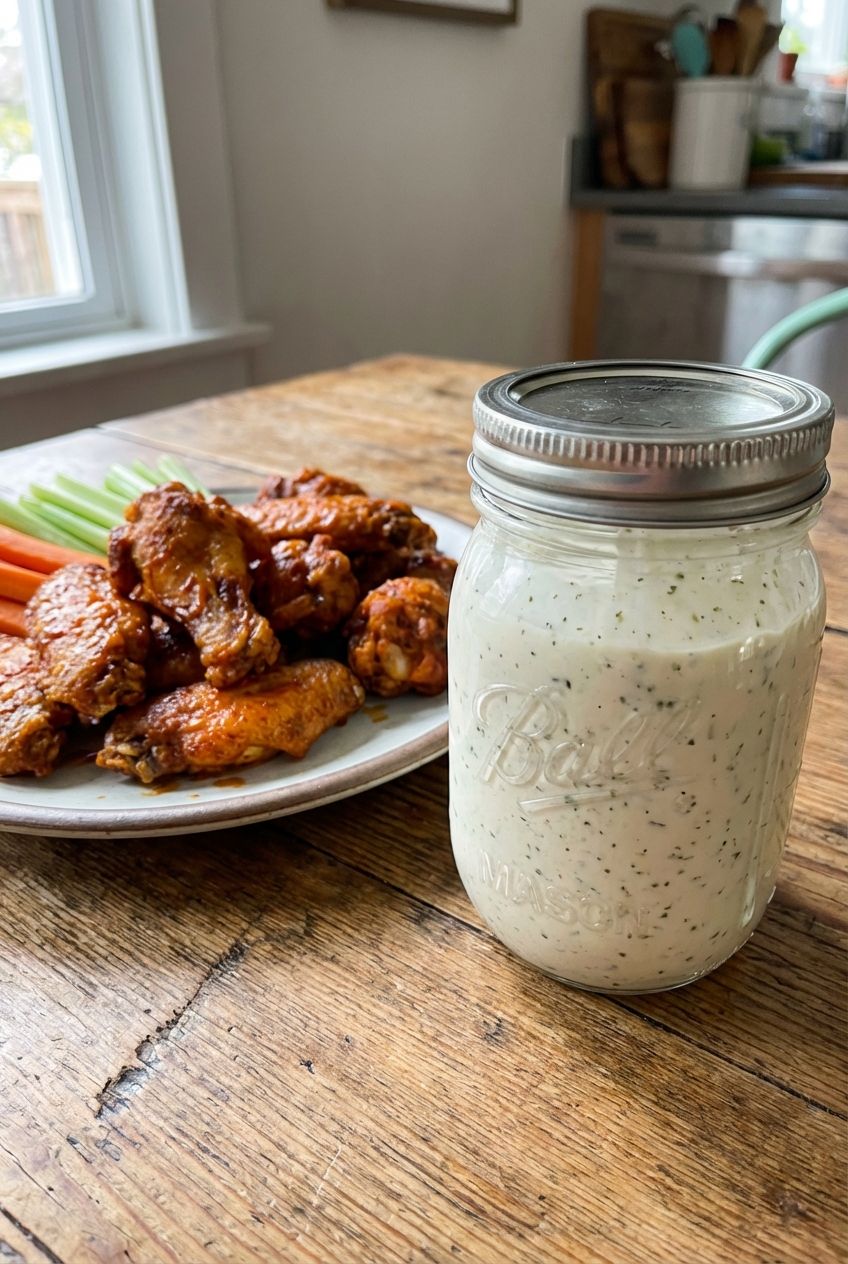 A jar of homemade ranch dressing with a lid next to a plate of chicken wings