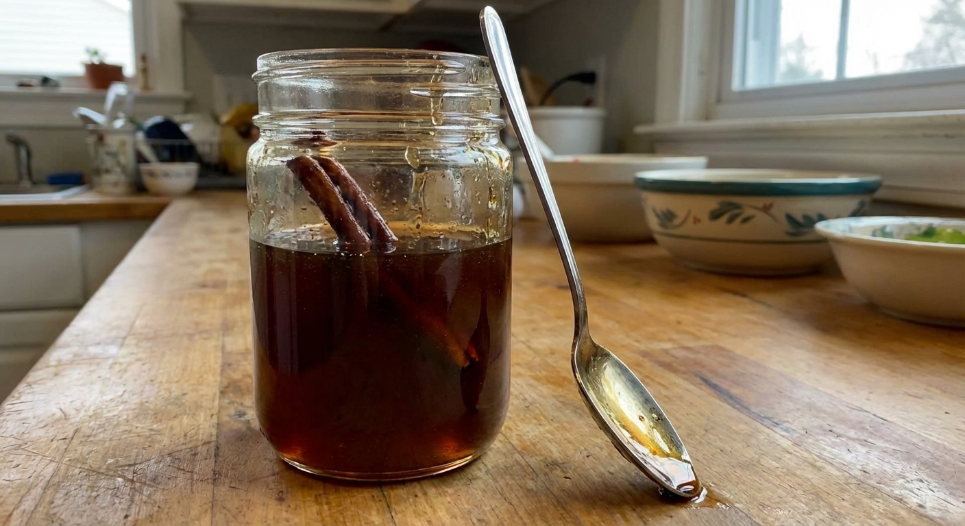 A jar of honey cinnamon syrup cooling on a counter beside a spoon
