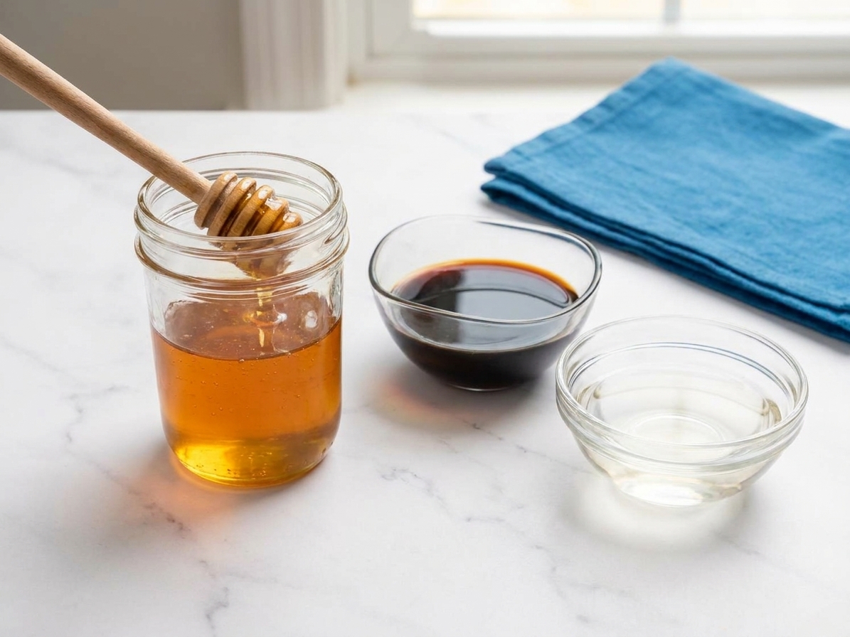 A jar of honey with a wooden dipper resting on a clean kitchen counter next to small bowls of soy sauce and vinegar