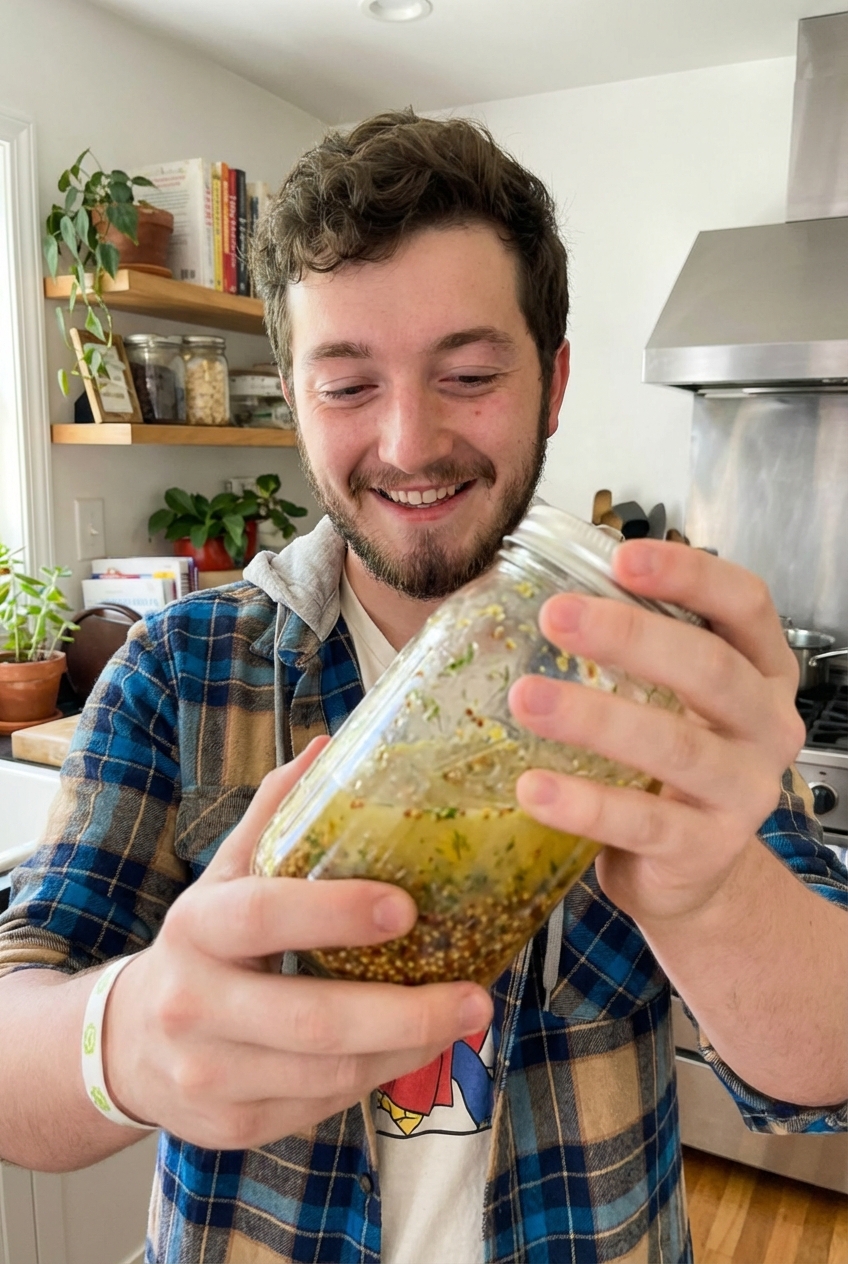 A jar of lemon herb vinaigrette with visible mustard and herbs being shaken by hand in a kitchen