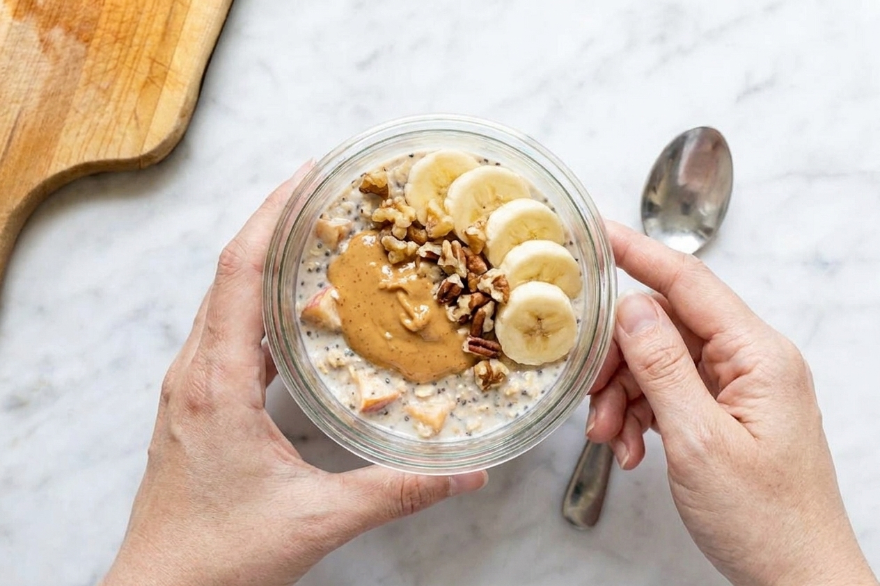 A jar of overnight oats topped with banana slices, peanut butter, and chopped nuts with a spoon resting beside it