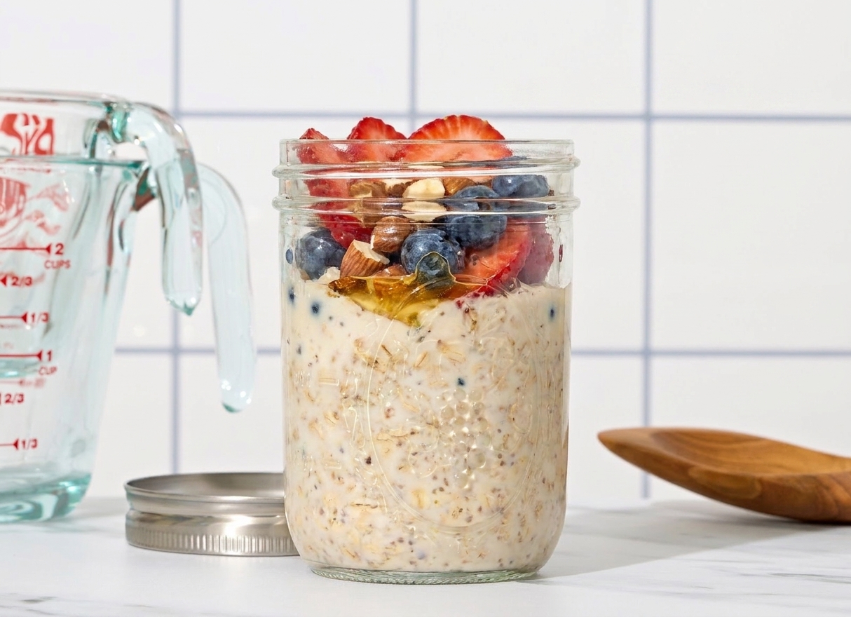 A jar of overnight oats topped with strawberries, blueberries, chopped nuts, and a drizzle of honey on a breakfast table