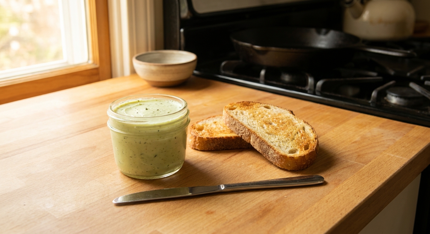 A jar of pale green MMJ butter on a wooden kitchen counter beside toasted bread and a butter knife, warm natural window light