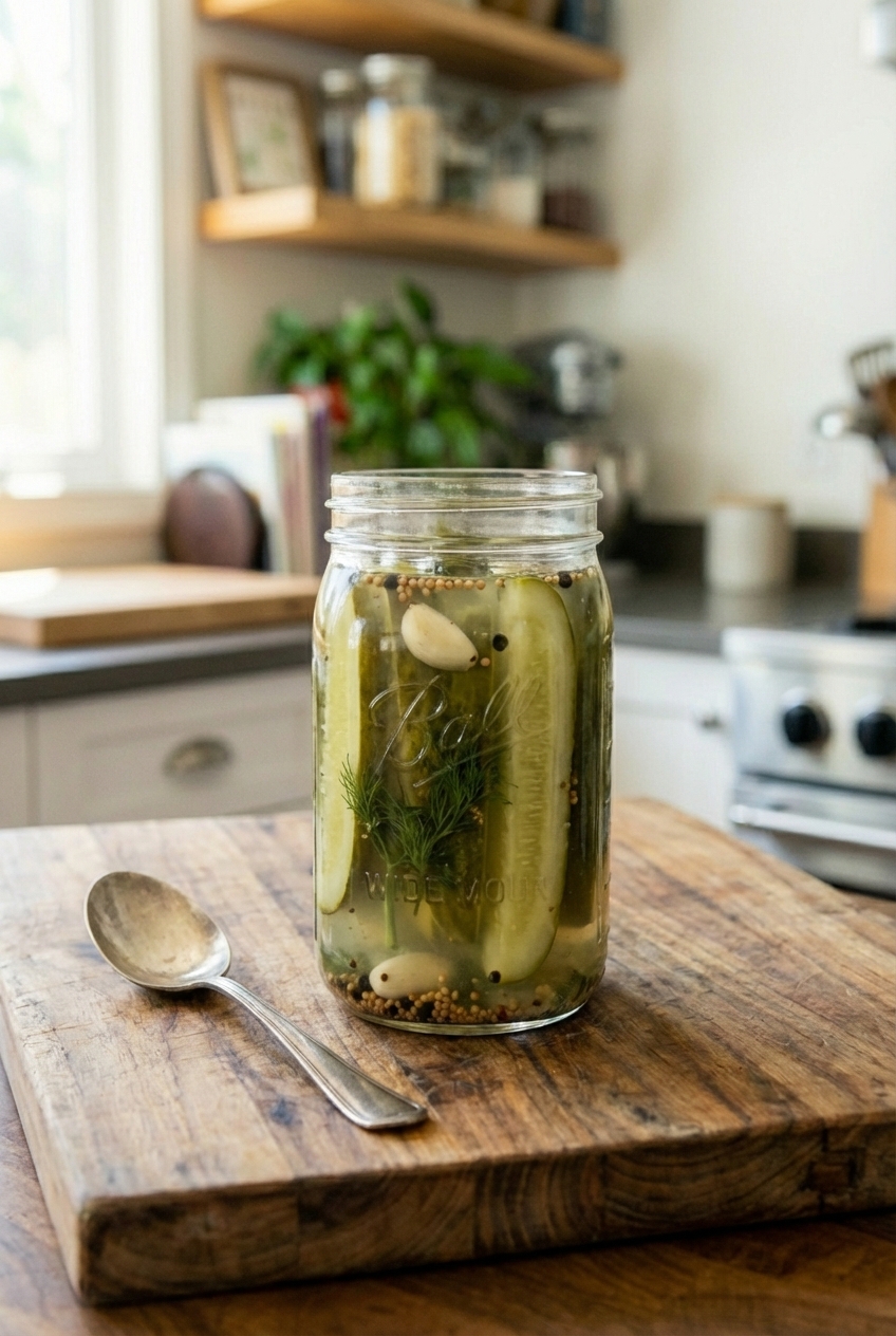 A jar of quick dill pickle spears submerged in brine with garlic cloves and dill