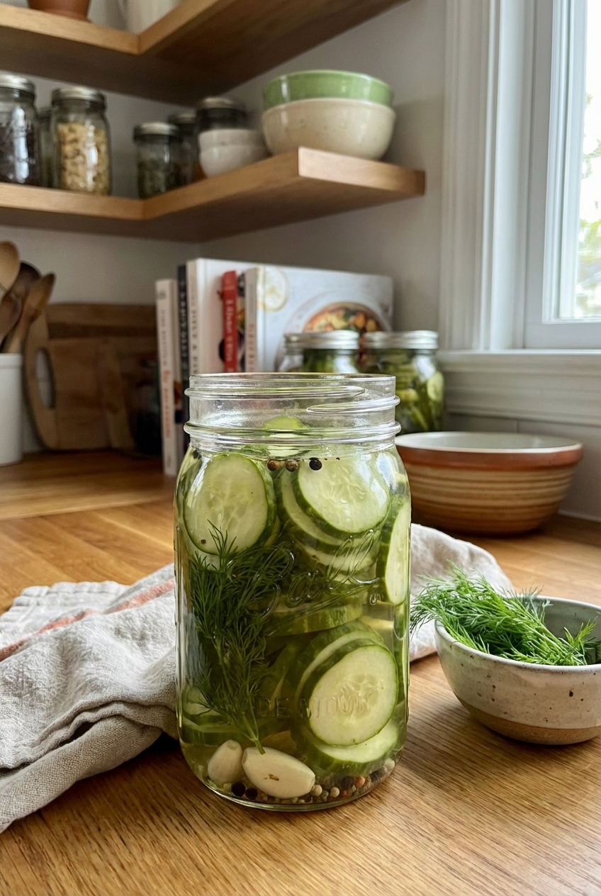A jar of quick pickled cucumbers on a kitchen counter