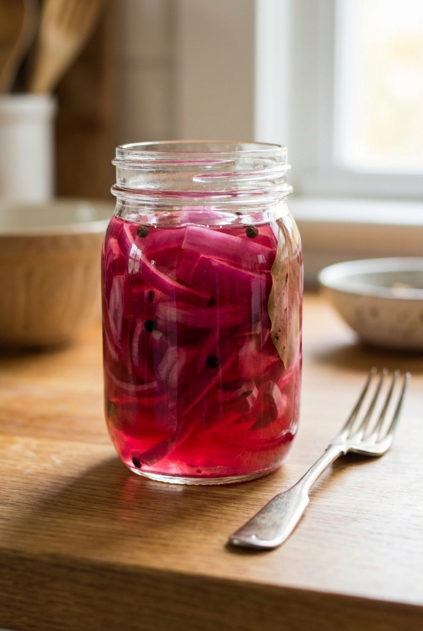 A jar of quick pickled red onions with a fork beside it