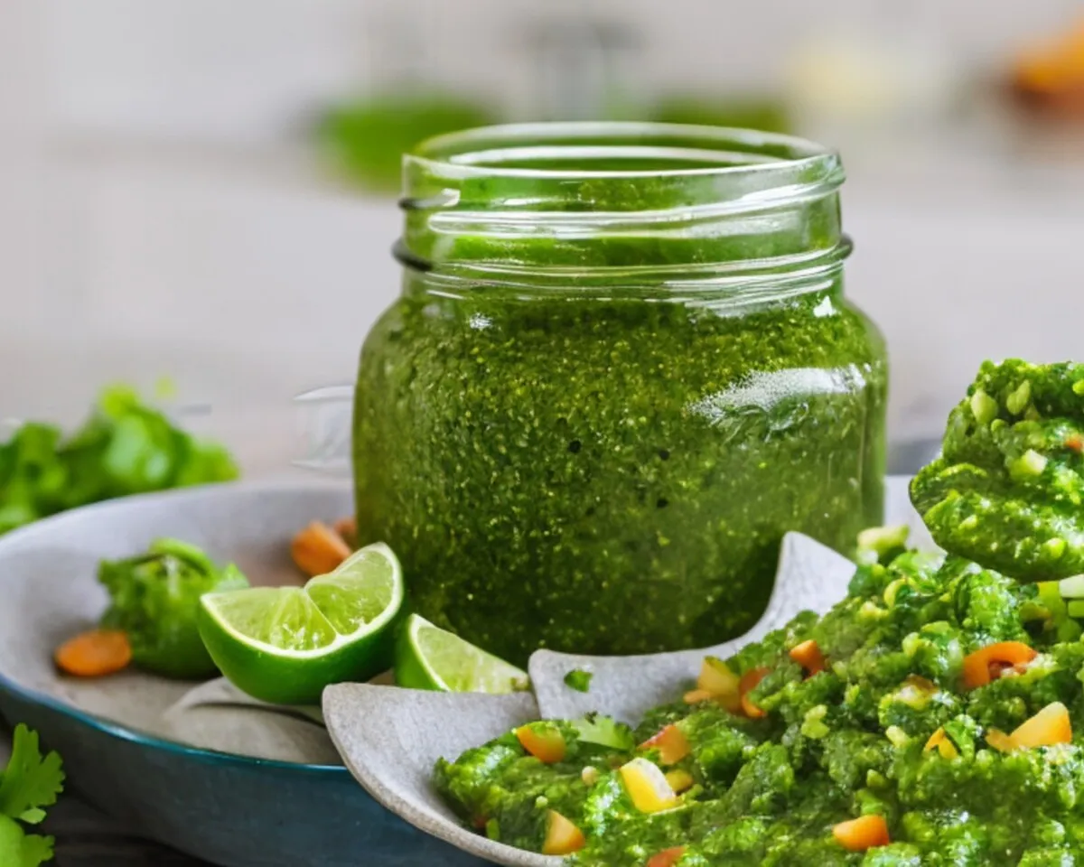 A jar of salsa verde beside small bowls of cumin, smoked paprika, salt, and pepper on a kitchen counter