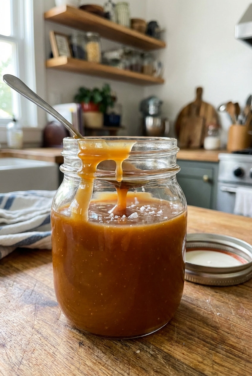 A jar of salted caramel sauce with a spoon