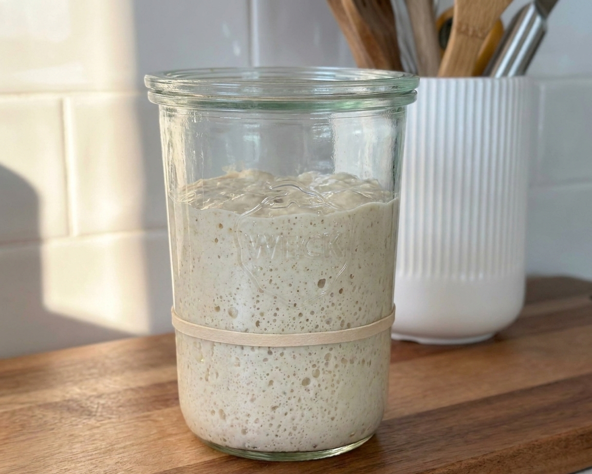 A jar of sourdough starter showing a bubbly surface with small and medium bubbles