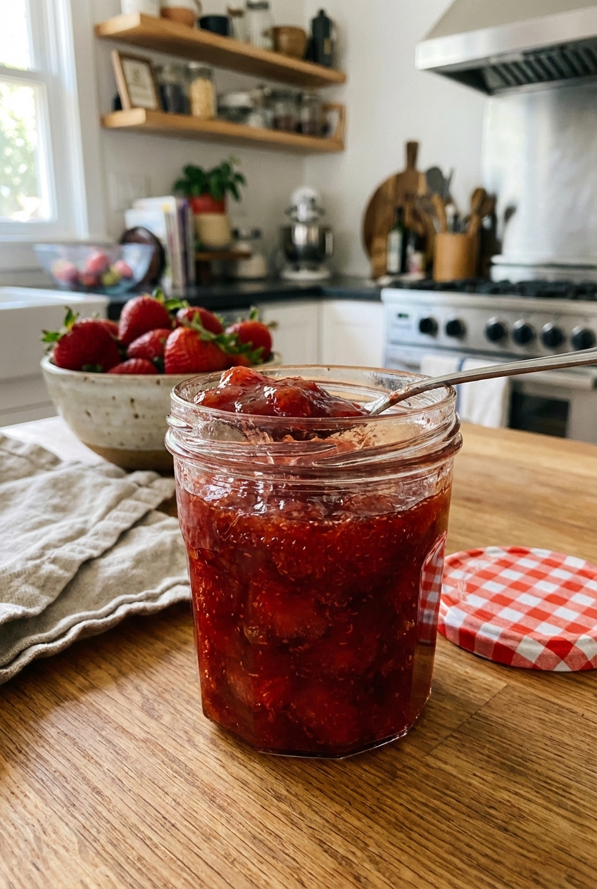 A jar of strawberry jam with a spoon