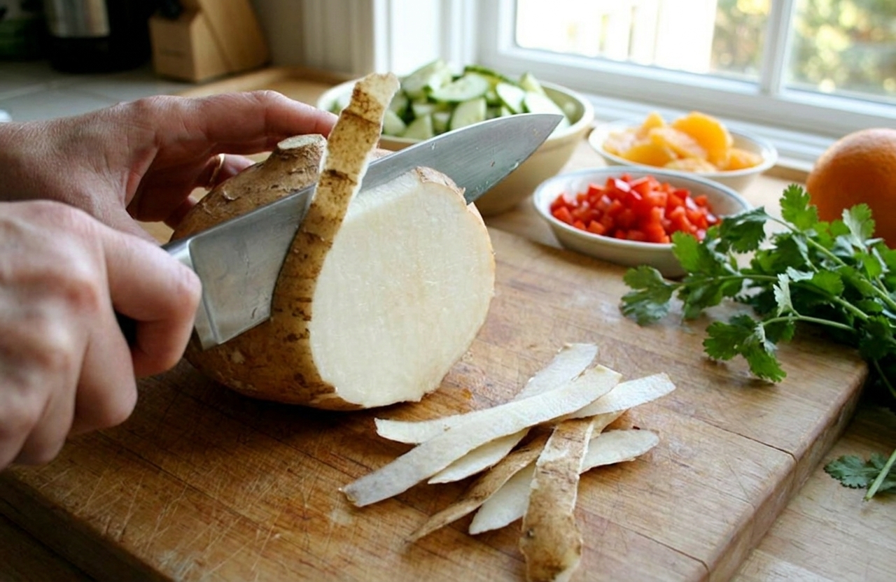 A jicama on a wooden cutting board with the thick skin being cut away in strips using a chef's knife in a home kitchen
